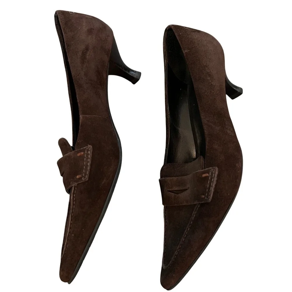 Franco Sarto Brown leather Suede Pointed Toe Kitten Heel Penny Loafer Pumps 6M